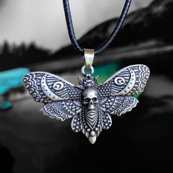 Silverskylight Jewelry - Moth with moon and skull design pewter necklace on leather cord boho goth